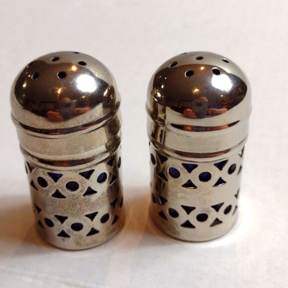 Vintage APEX EPNS Cobalt Glass Insert Salt & Pepper Shakers Set of 2 - Picture 3 of 9